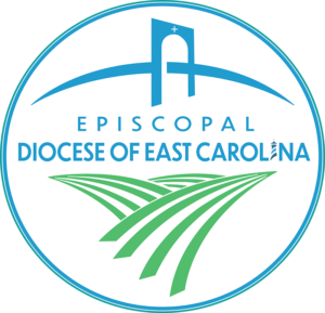 Blue arch, green fields, stylized lighthouse. Text reads "Episcopal Diocese of East Carolina". Circular design.